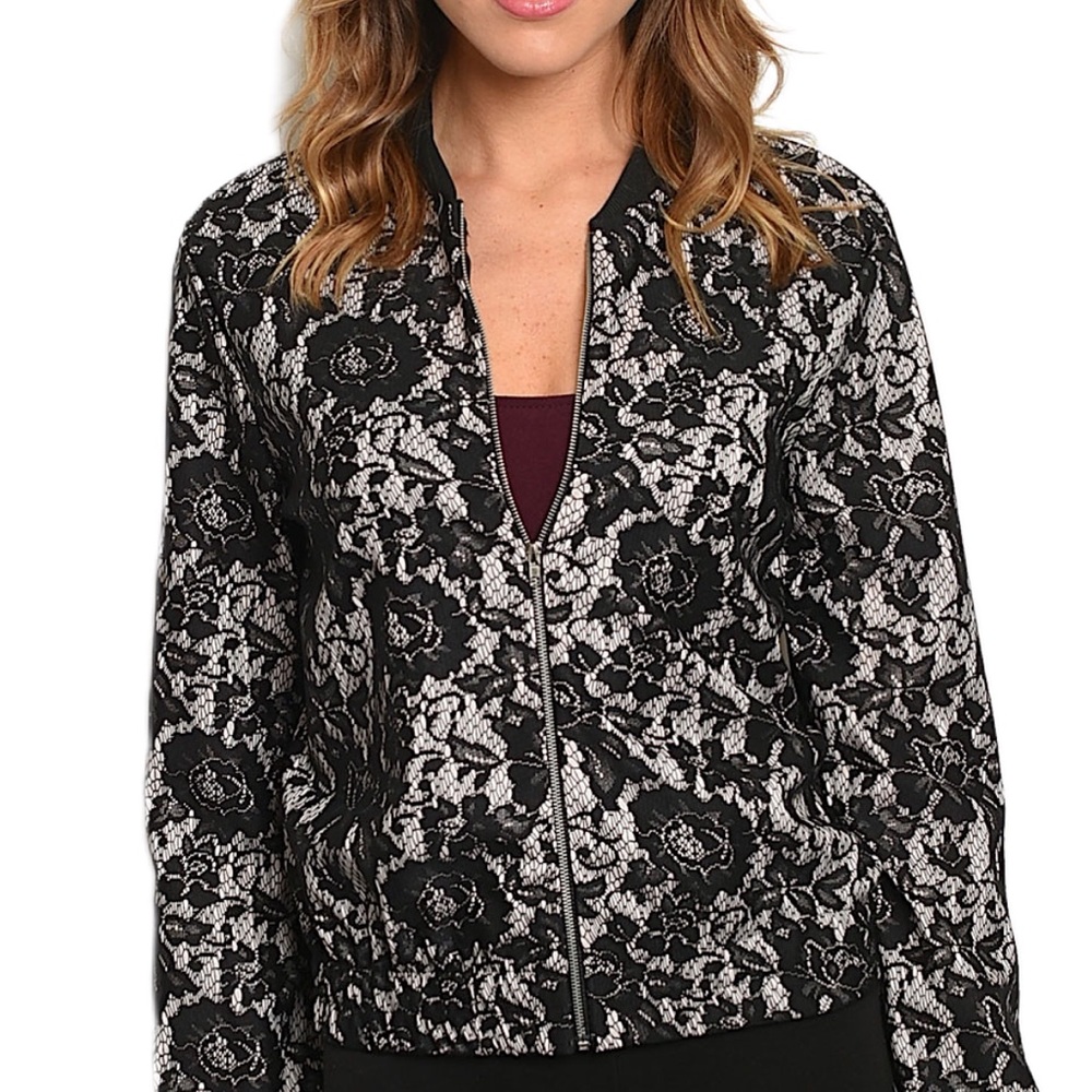 Black lace overlay taupe bomber jacket
